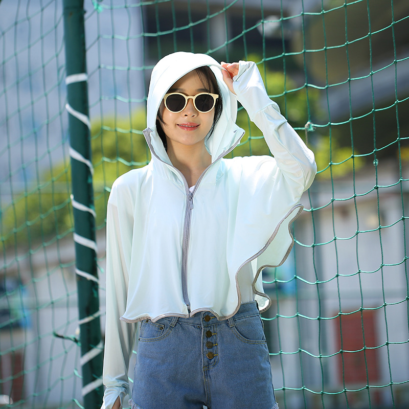 Outdoor Leisure Zipper Hat Big Brim Ice Silk Sun Protection Clothing Women's Summer Breathable Loose Long Sleeve Jacket Sun-Proof Clothing
