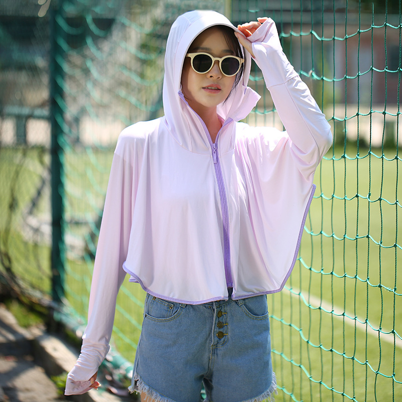 Outdoor Leisure Zipper Hat Big Brim Ice Silk Sun Protection Clothing Women's Summer Breathable Loose Long Sleeve Jacket Sun-Proof Clothing