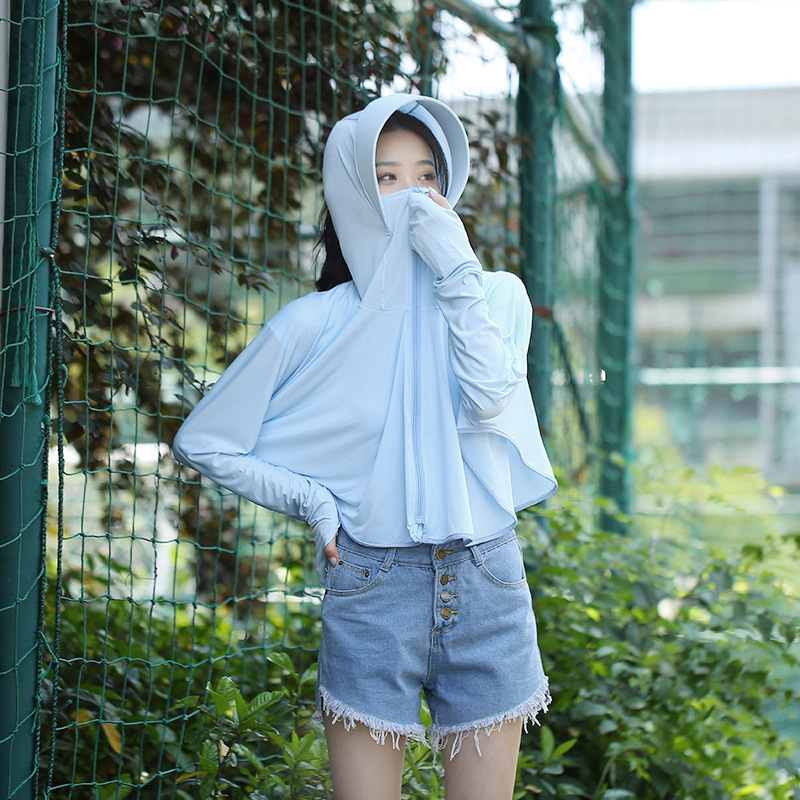 Outdoor Leisure Zipper Hat Big Brim Ice Silk Sun Protection Clothing Women's Summer Breathable Loose Long Sleeve Jacket Sun-Proof Clothing