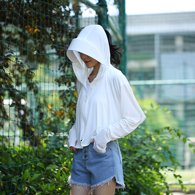 Outdoor Leisure Zipper Hat Big Brim Ice Silk Sun Protection Clothing Women's Summer Breathable Loose Long Sleeve Jacket Sun-Proof Clothing