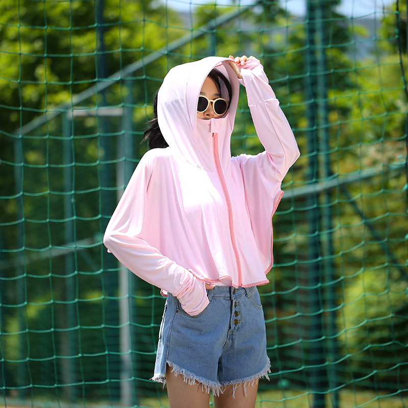 Outdoor Leisure Zipper Hat Big Brim Ice Silk Sun Protection Clothing Women's Summer Breathable Loose Long Sleeve Jacket Sun-Proof Clothing