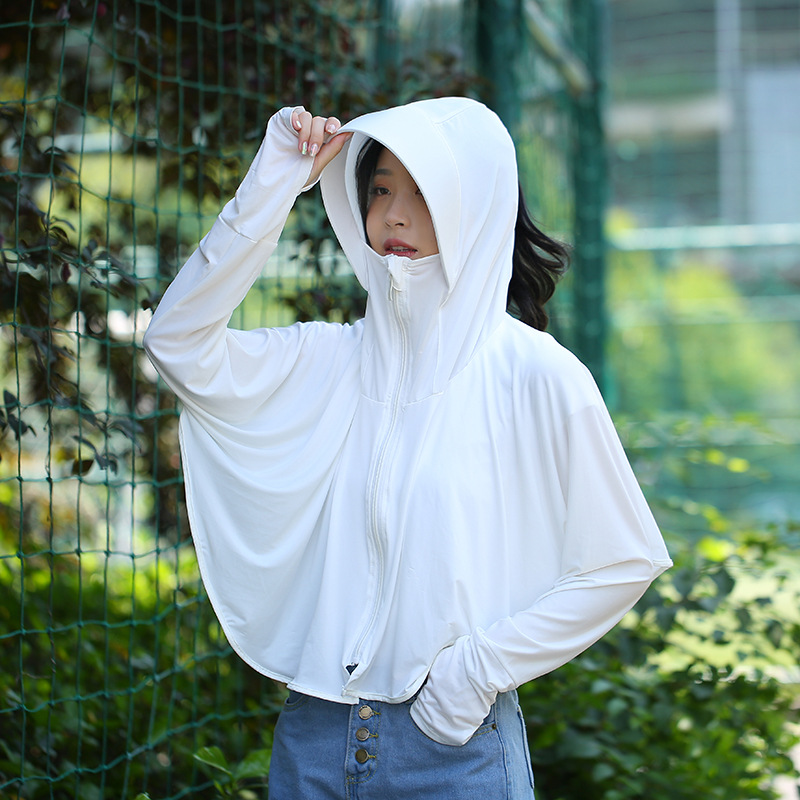 Outdoor Leisure Zipper Hat Big Brim Ice Silk Sun Protection Clothing Women's Summer Breathable Loose Long Sleeve Jacket Sun-Proof Clothing