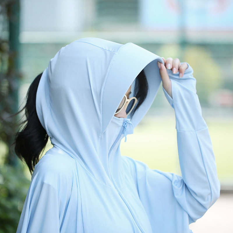 Outdoor Leisure Zipper Hat Big Brim Ice Silk Sun Protection Clothing Women's Summer Breathable Loose Long Sleeve Jacket Sun-Proof Clothing