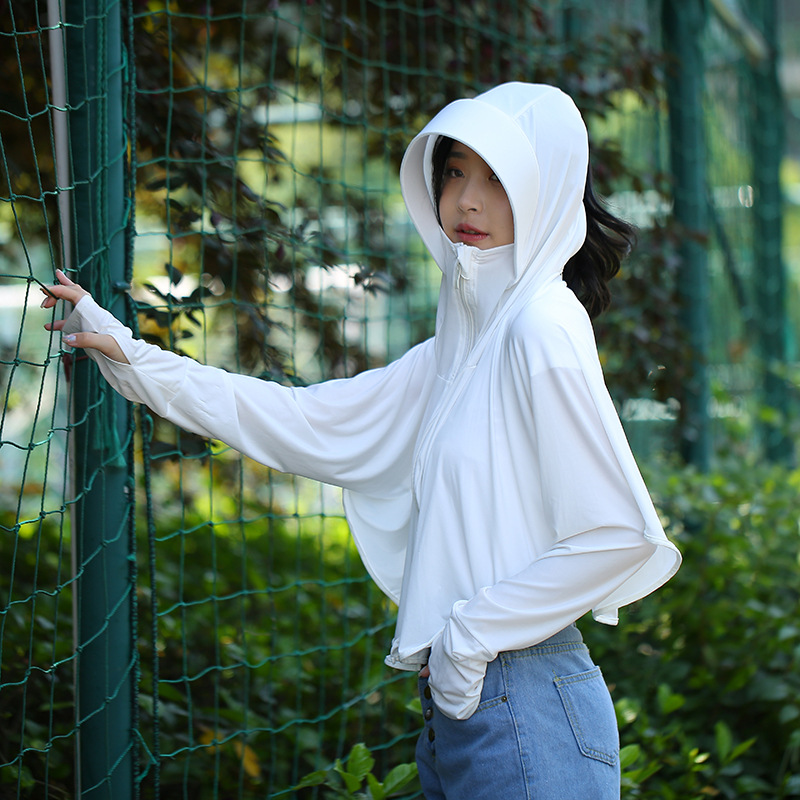 Outdoor Leisure Zipper Hat Big Brim Ice Silk Sun Protection Clothing Women's Summer Breathable Loose Long Sleeve Jacket Sun-Proof Clothing