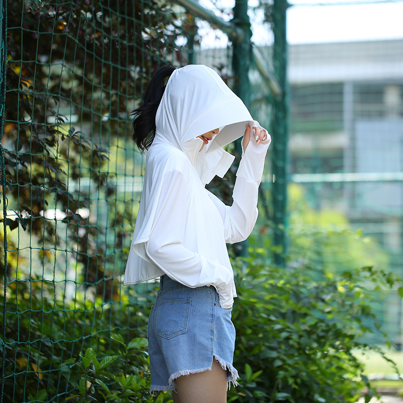 Outdoor Leisure Zipper Hat Big Brim Ice Silk Sun Protection Clothing Women's Summer Breathable Loose Long Sleeve Jacket Sun-Proof Clothing