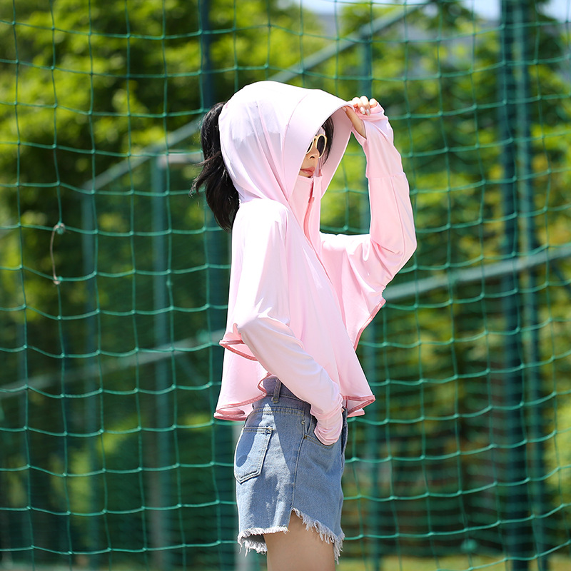Outdoor Leisure Zipper Hat Big Brim Ice Silk Sun Protection Clothing Women's Summer Breathable Loose Long Sleeve Jacket Sun-Proof Clothing