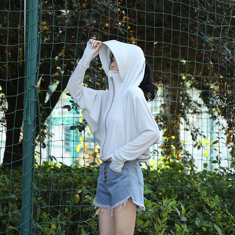 Outdoor Leisure Zipper Hat Big Brim Ice Silk Sun Protection Clothing Women's Summer Breathable Loose Long Sleeve Jacket Sun-Proof Clothing