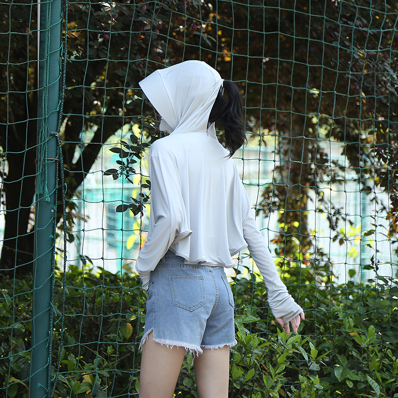 Outdoor Leisure Zipper Hat Big Brim Ice Silk Sun Protection Clothing Women's Summer Breathable Loose Long Sleeve Jacket Sun-Proof Clothing