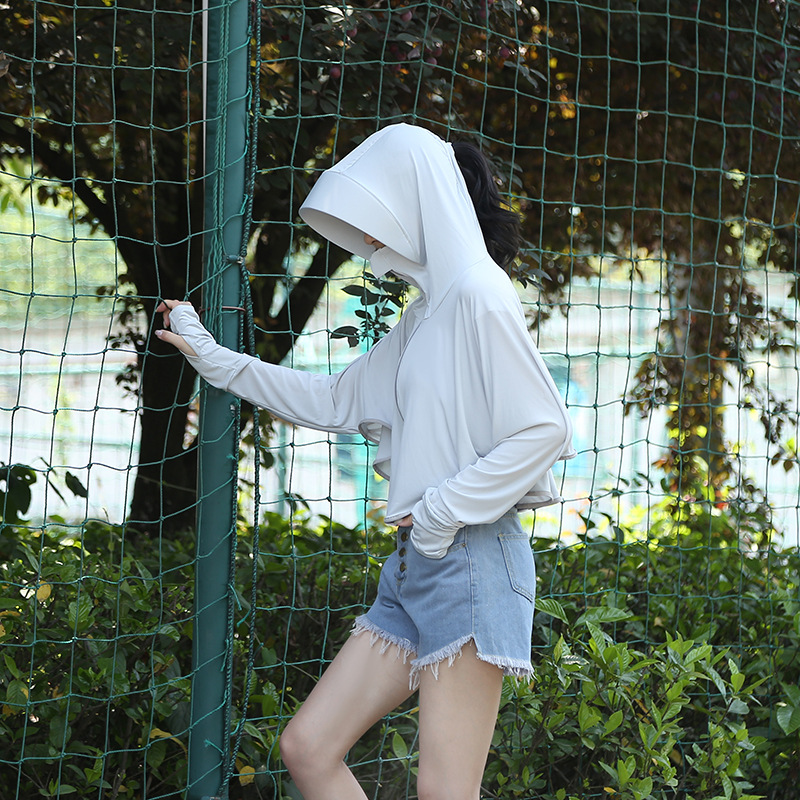 Outdoor Leisure Zipper Hat Big Brim Ice Silk Sun Protection Clothing Women's Summer Breathable Loose Long Sleeve Jacket Sun-Proof Clothing