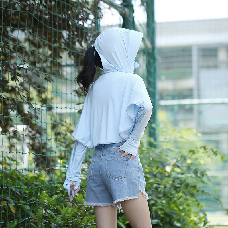 Outdoor Leisure Zipper Hat Big Brim Ice Silk Sun Protection Clothing Women's Summer Breathable Loose Long Sleeve Jacket Sun-Proof Clothing