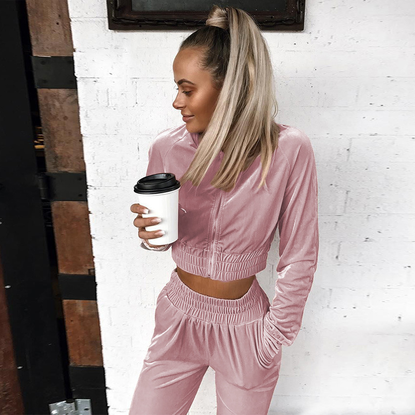 2021 Swan Suede Suit Women's European and American Autumn and Winter Solid Color Zipper Sweater Ankle-Tied Sports Trousers Two-Piece Suit Women's 2021 Swan Suede Suit Women's European and American Autumn and Winter Solid Color Zipper Sweater Ankle-Tied Sports Trousers Two-Piece Suit Women's