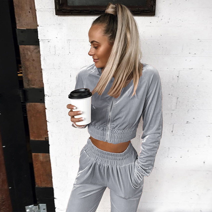 2021 Swan Suede Suit Women's European and American Autumn and Winter Solid Color Zipper Sweater Ankle-Tied Sports Trousers Two-Piece Suit Women's 2021 Swan Suede Suit Women's European and American Autumn and Winter Solid Color Zipper Sweater Ankle-Tied Sports Trousers Two-Piece Suit Women's