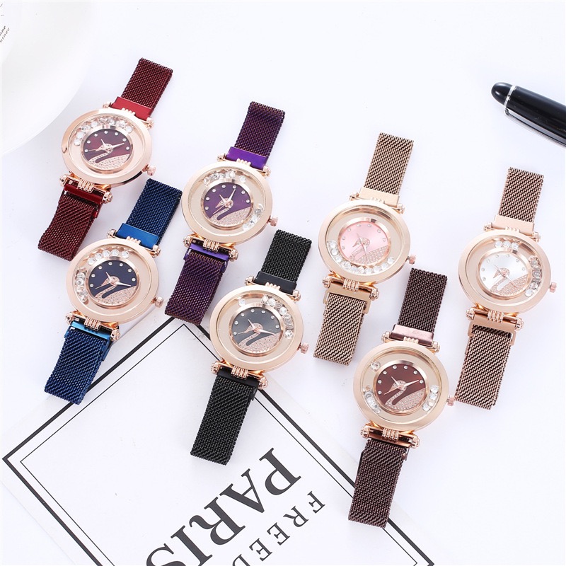Set diamond swan magnet watch female crystal ball magnet lady watch foreign trade hot style net red stone quartz table