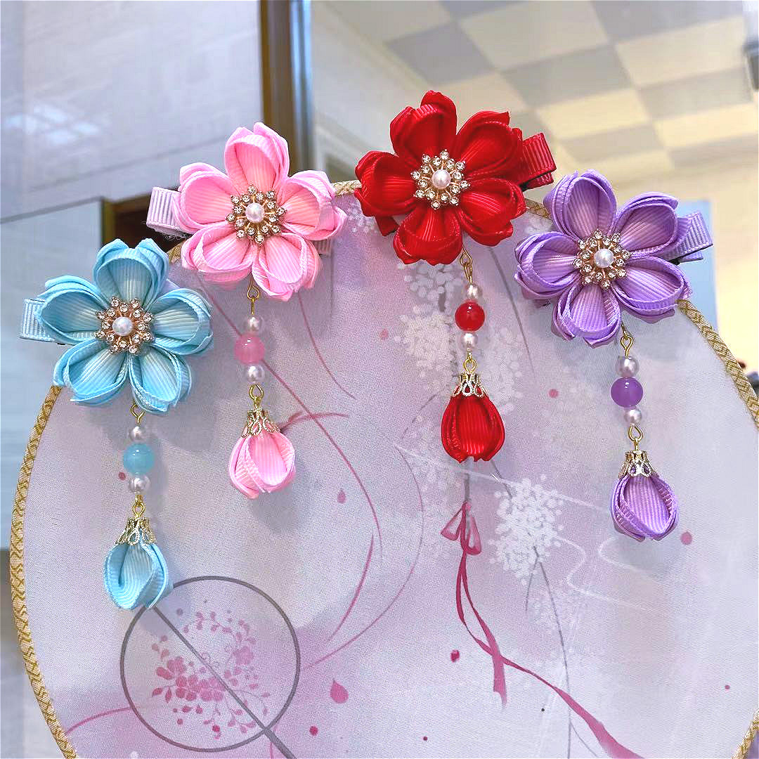 Ancient Style Han Chinese Clothing Hair Accessories Beaded Barrettes Tassel Flowers Children's Japanese Style Girl Baby Headdress Tang Suit Side Clip Ancient Style Han Chinese Clothing Hair Accessories Beaded Barrettes Tassel Flowers Children's Japanese Style Girl Baby Headdress Tang Suit Side Clip