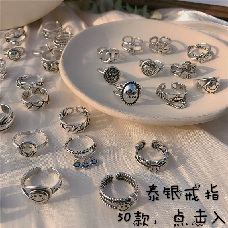 Ring Female Fashion Personality Distressed Jack Purcell Face Multi-Layer Ins Indifference Trend Korean Vintage Thai Silver Ring