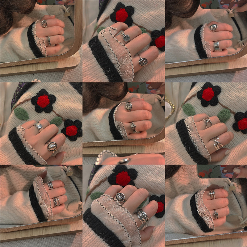 Ring Female Fashion Personality Distressed Jack Purcell Face Multi-Layer Ins Indifference Trend Korean Vintage Thai Silver Ring