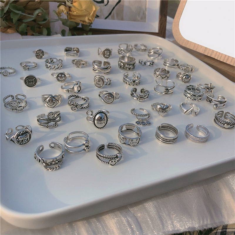 Ring Female Fashion Personality Distressed Jack Purcell Face Multi-Layer Ins Indifference Trend Korean Vintage Thai Silver Ring