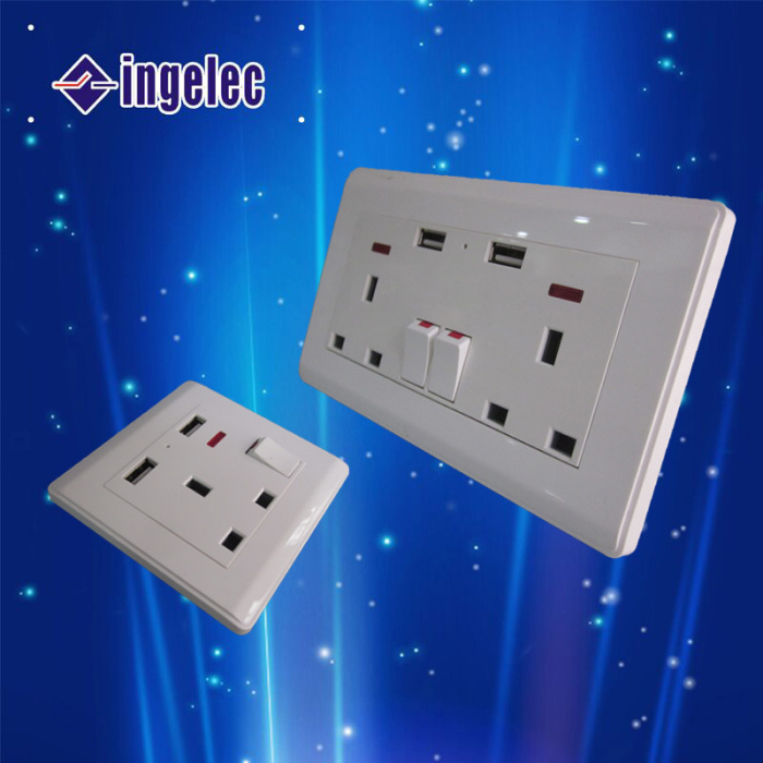 Factory Direct Sales Power Protection 3-Hole British Jack Dual USB with Light Biswitch Wall Plug