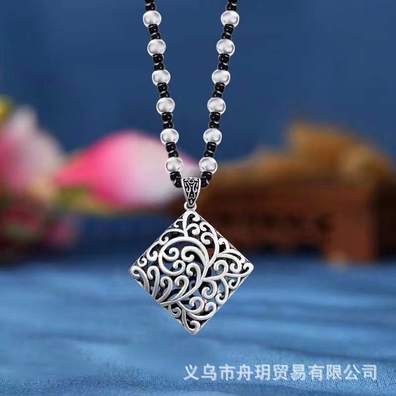 Retro Imitation Tibetan Silver Long Sweater Chain Safety Buckle Pendant Square Fortune Necklace for Women with Clothes Accessories Pendant