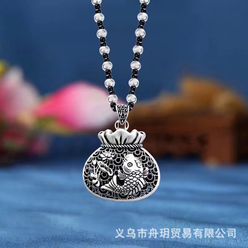 Retro Imitation Tibetan Silver Long Sweater Chain Safety Buckle Pendant Square Fortune Necklace for Women with Clothes Accessories Pendant