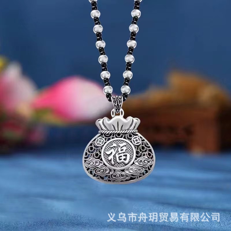 Retro Imitation Tibetan Silver Long Sweater Chain Safety Buckle Pendant Square Fortune Necklace for Women with Clothes Accessories Pendant