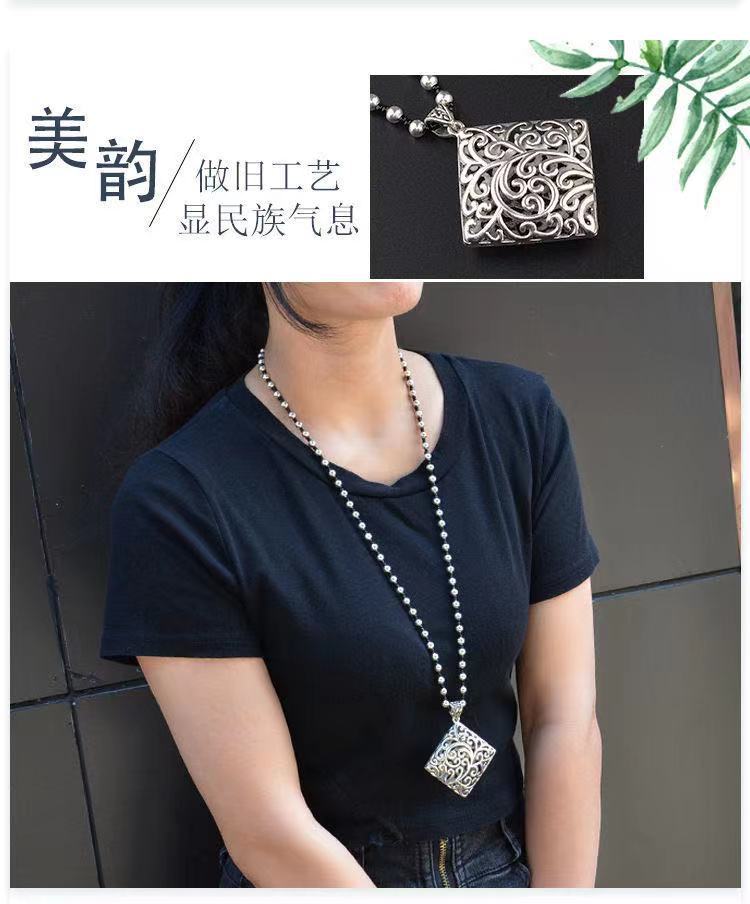 Retro Imitation Tibetan Silver Long Sweater Chain Safety Buckle Pendant Square Fortune Necklace for Women with Clothes Accessories Pendant