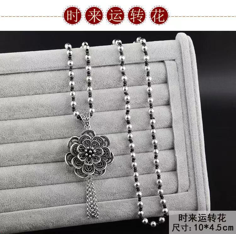Retro Imitation Tibetan Silver Long Sweater Chain Safety Buckle Pendant Square Fortune Necklace for Women with Clothes Accessories Pendant