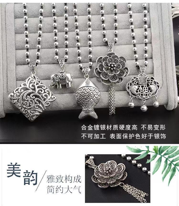 Retro Imitation Tibetan Silver Long Sweater Chain Safety Buckle Pendant Square Fortune Necklace for Women with Clothes Accessories Pendant