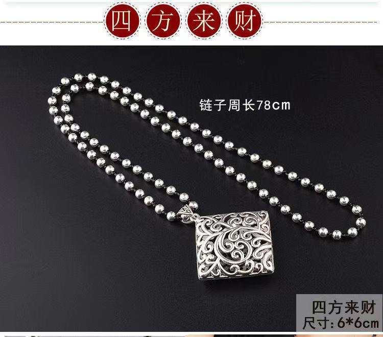 Retro Imitation Tibetan Silver Long Sweater Chain Safety Buckle Pendant Square Fortune Necklace for Women with Clothes Accessories Pendant