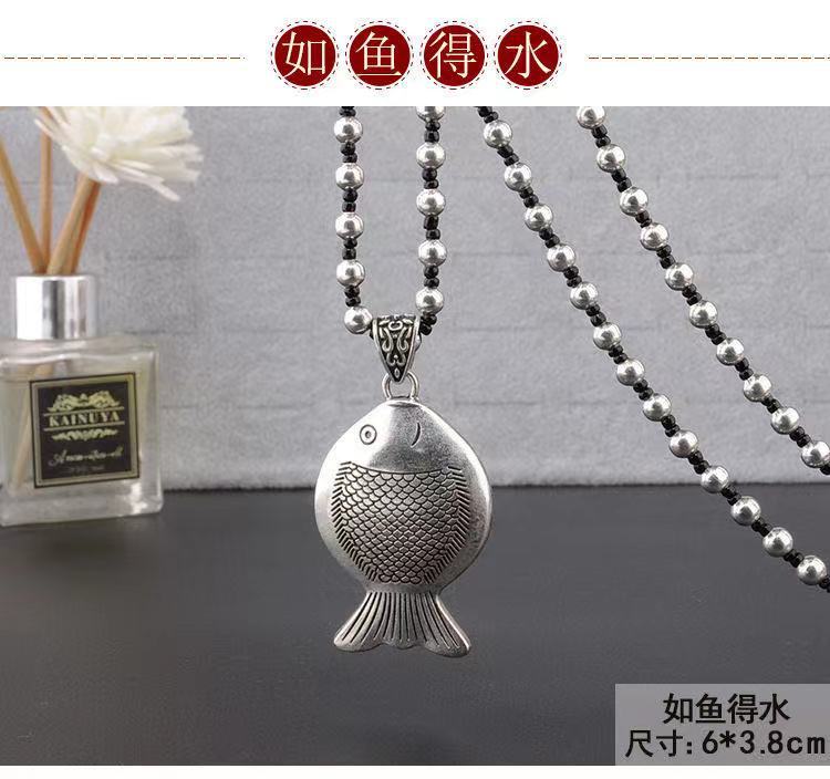 Retro Imitation Tibetan Silver Long Sweater Chain Safety Buckle Pendant Square Fortune Necklace for Women with Clothes Accessories Pendant