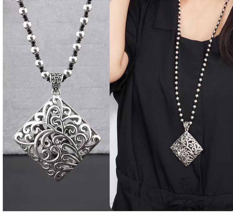 Retro Imitation Tibetan Silver Long Sweater Chain Safety Buckle Pendant Square Fortune Necklace for Women with Clothes Accessories Pendant