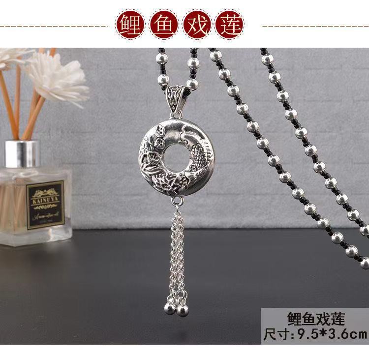Retro Imitation Tibetan Silver Long Sweater Chain Safety Buckle Pendant Square Fortune Necklace for Women with Clothes Accessories Pendant