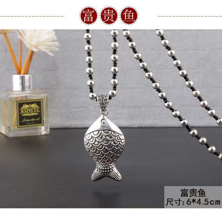 Retro Imitation Tibetan Silver Long Sweater Chain Safety Buckle Pendant Square Fortune Necklace for Women with Clothes Accessories Pendant