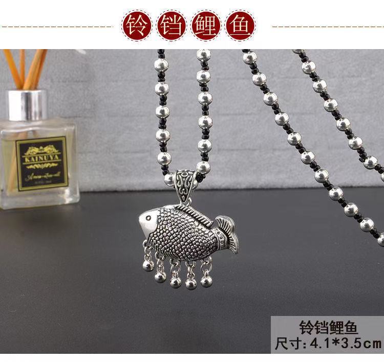 Retro Imitation Tibetan Silver Long Sweater Chain Safety Buckle Pendant Square Fortune Necklace for Women with Clothes Accessories Pendant