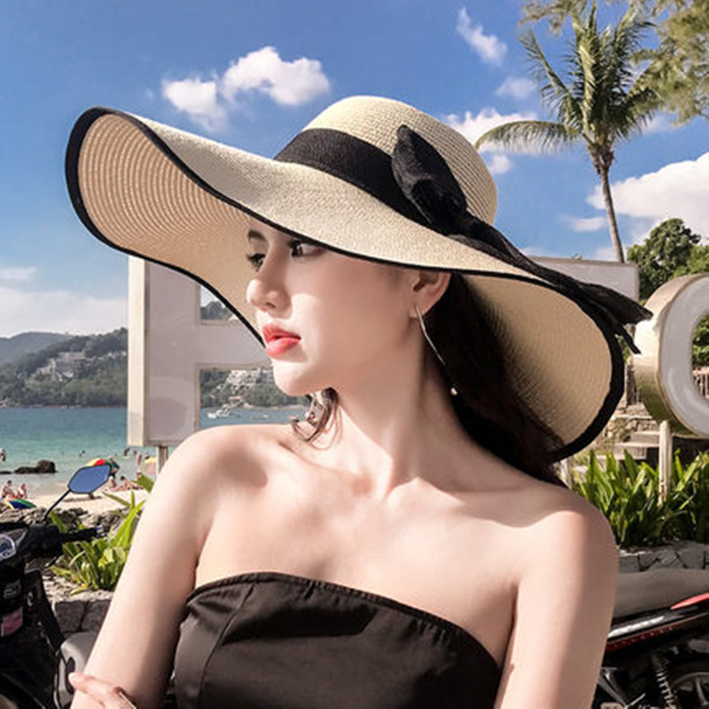 Korean Style Beach Straw Hat Women&#039;s Summer Seaside Big Brim Sun Protection Sun Shade Outing All-Matching Wide Brim Summer Hat Sun Summer