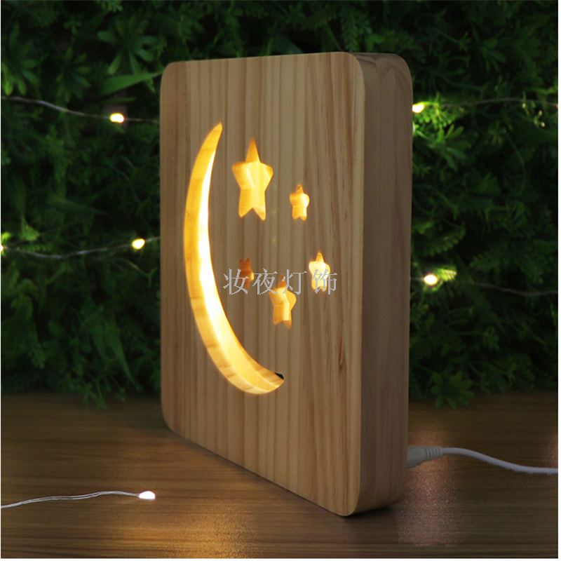 Cross - border products small wooden desk lamp star moon modeling creative wood lamp support customization