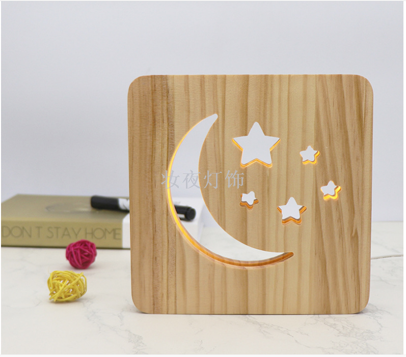 Cross - border products small wooden desk lamp star moon modeling creative wood lamp support customization