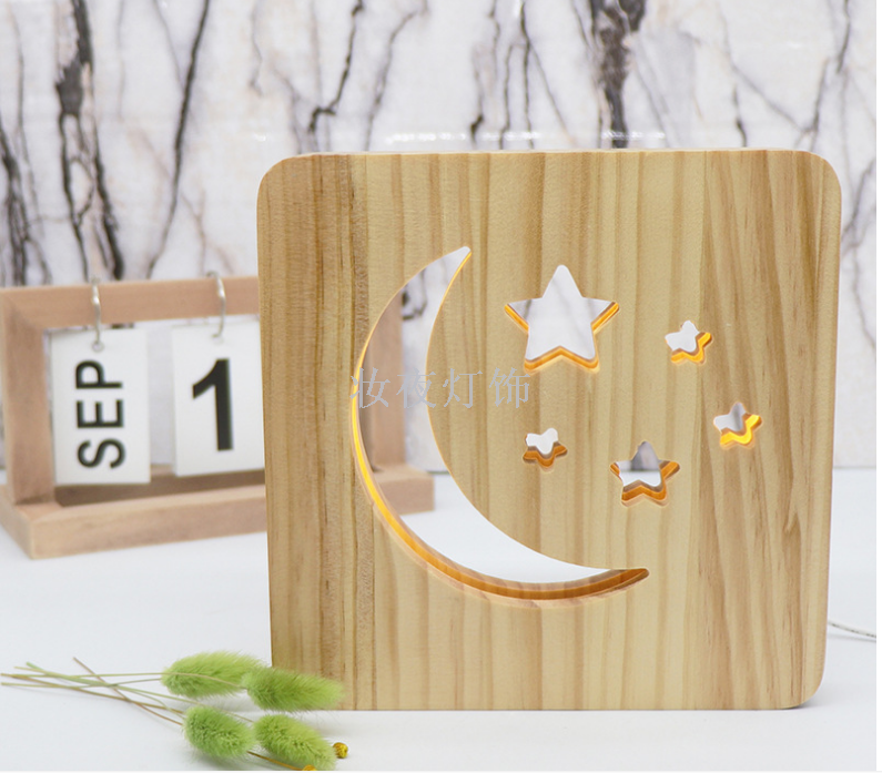 Cross - border products small wooden desk lamp star moon modeling creative wood lamp support customization