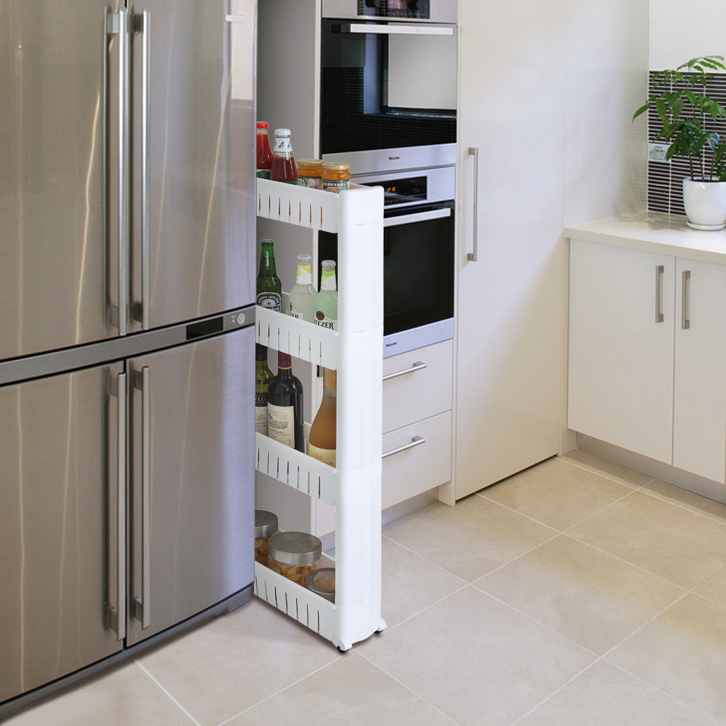 Factory Direct Supply Plastic Slit Frame Storage Rack with Pulley Refrigerator Kitchen Gap Storage Rack Bathroom Storage Rack
