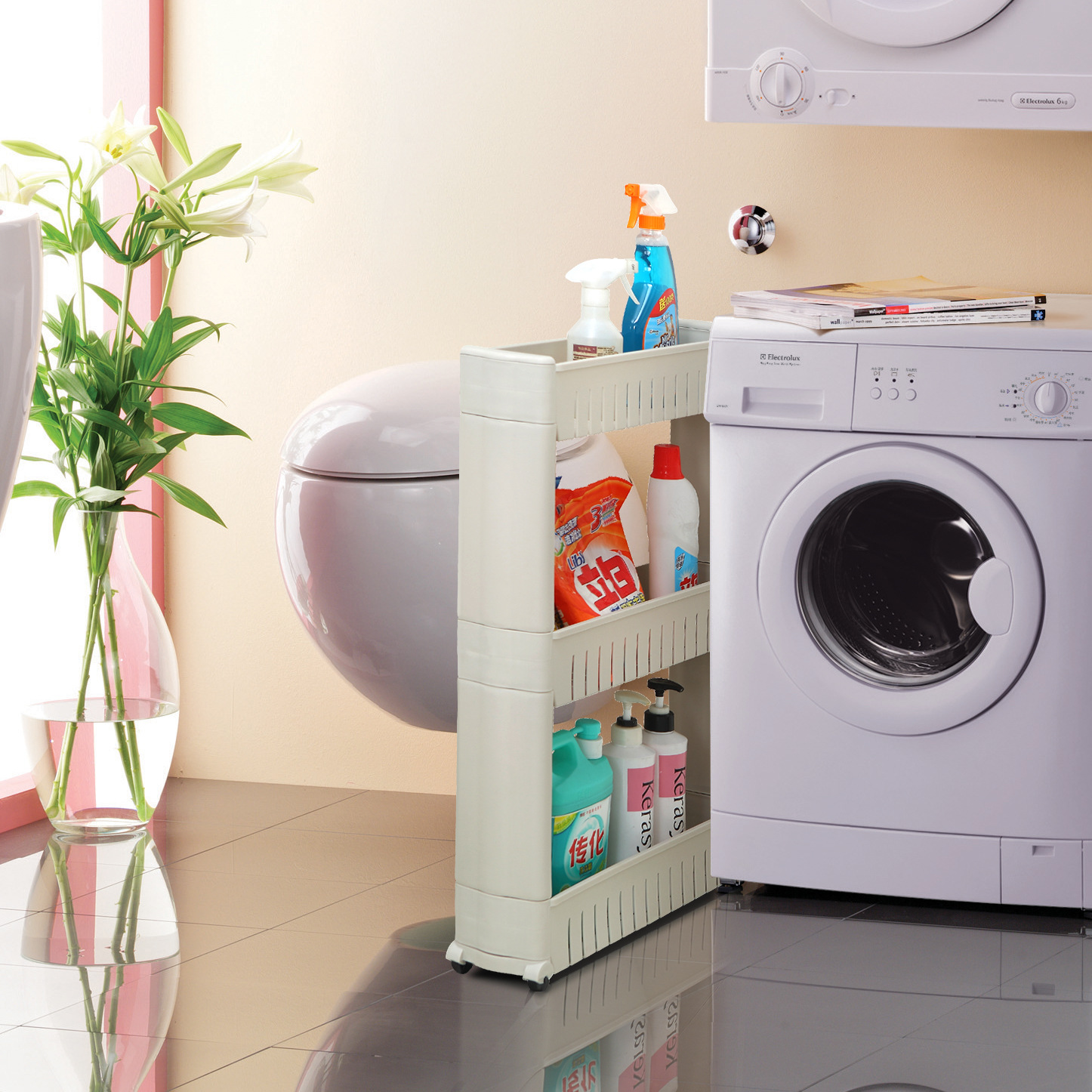 Factory Direct Supply Plastic Slit Frame Storage Rack with Pulley Refrigerator Kitchen Gap Storage Rack Bathroom Storage Rack