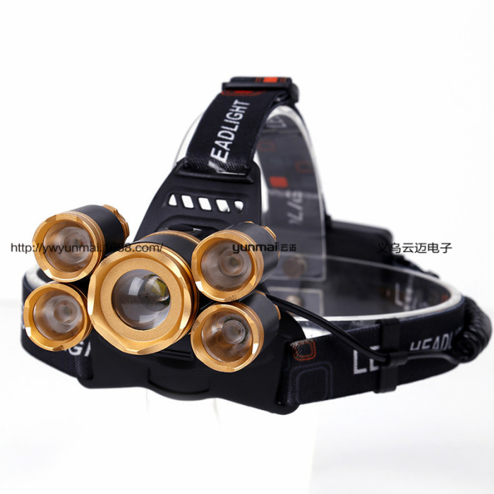 Wholesale 5LED headlights T6 light rechargeable headlights fishing lights super bright zoom 5 lamp lights