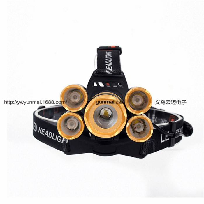 Wholesale 5LED headlights T6 light rechargeable headlights fishing lights super bright zoom 5 lamp lights