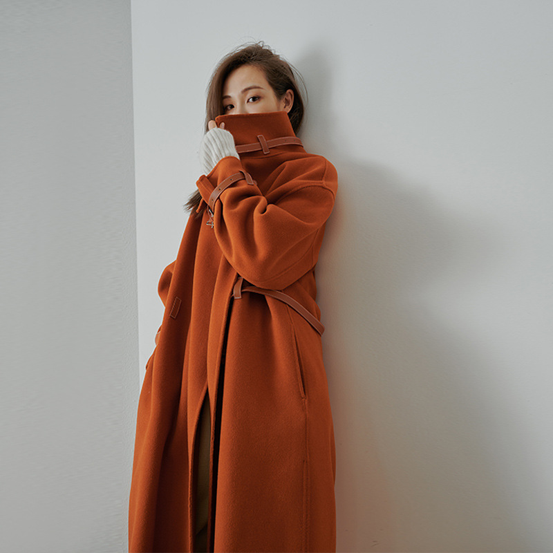 2021 Autumn and Winter New Reversible Cashmere Coat Women&#039;s Bearing Leather Patchwork Mid-Length Lazy Noble Woolen Coat for Women