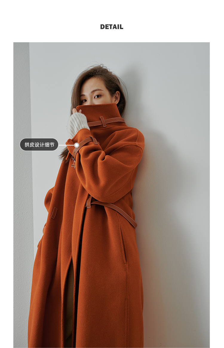 2021 Autumn and Winter New Reversible Cashmere Coat Women's Bearing Leather Patchwork Mid-Length Lazy Noble Woolen Coat for Women