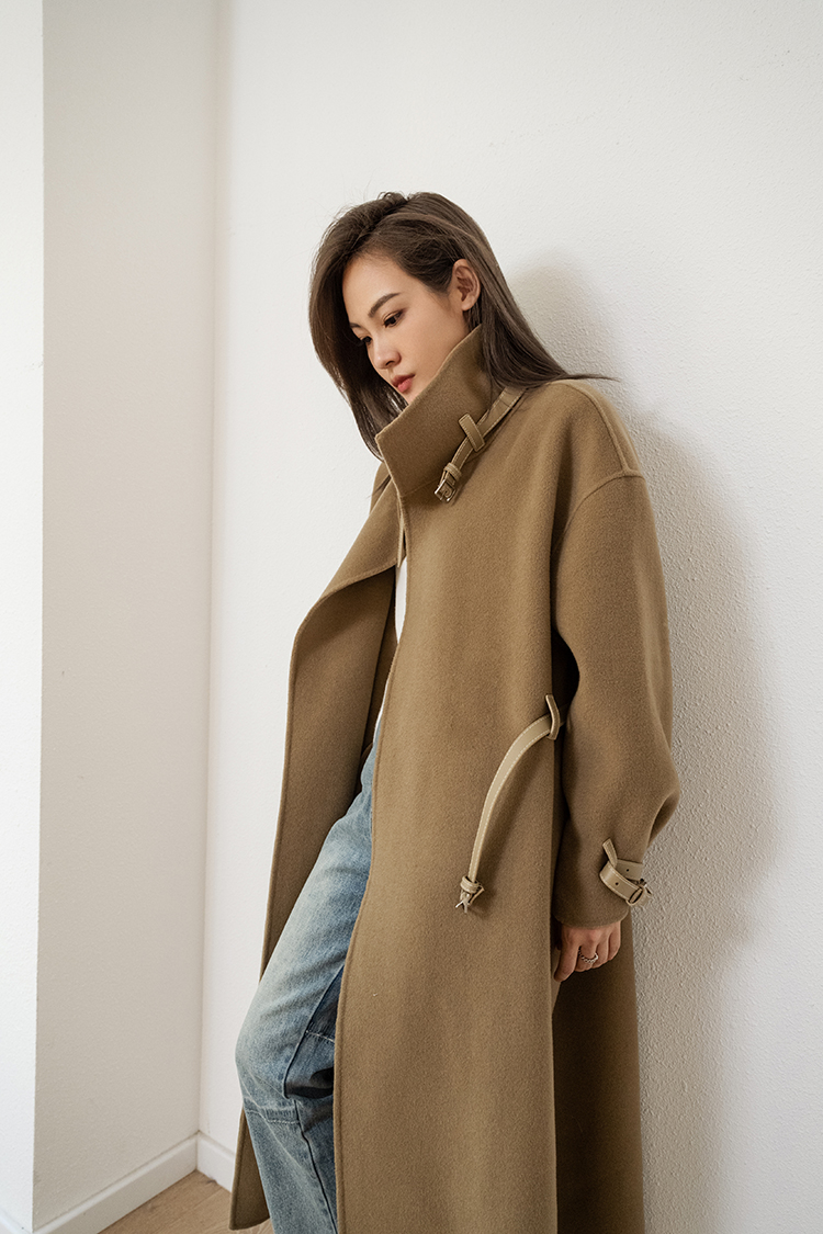 2021 Autumn and Winter New Reversible Cashmere Coat Women's Bearing Leather Patchwork Mid-Length Lazy Noble Woolen Coat for Women