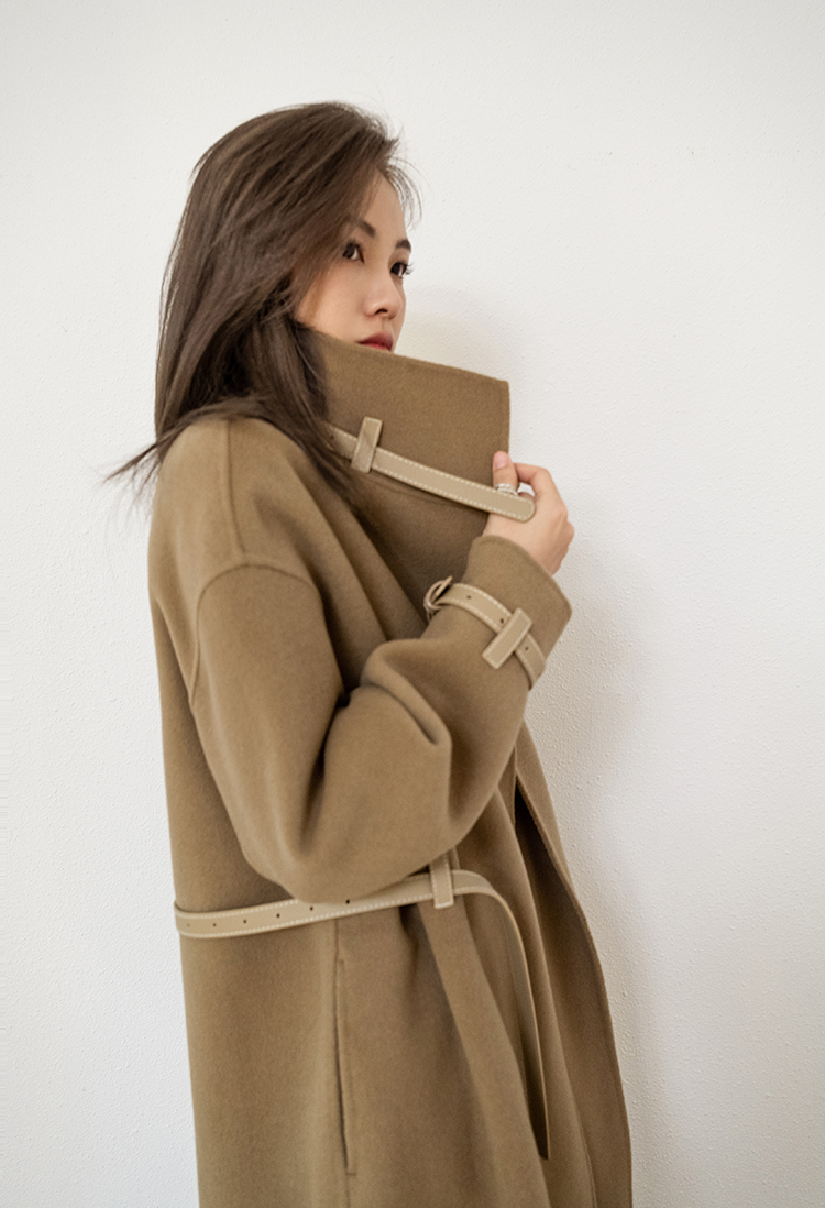 2021 Autumn and Winter New Reversible Cashmere Coat Women's Bearing Leather Patchwork Mid-Length Lazy Noble Woolen Coat for Women