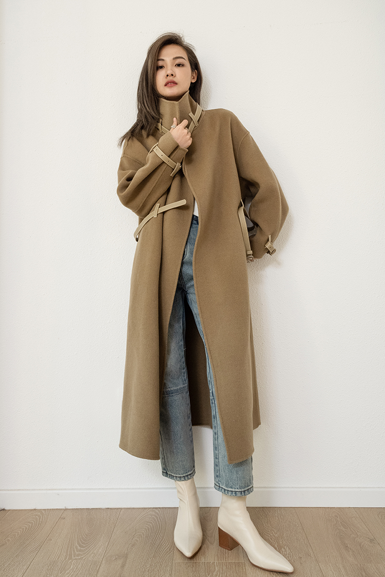 2021 Autumn and Winter New Reversible Cashmere Coat Women's Bearing Leather Patchwork Mid-Length Lazy Noble Woolen Coat for Women