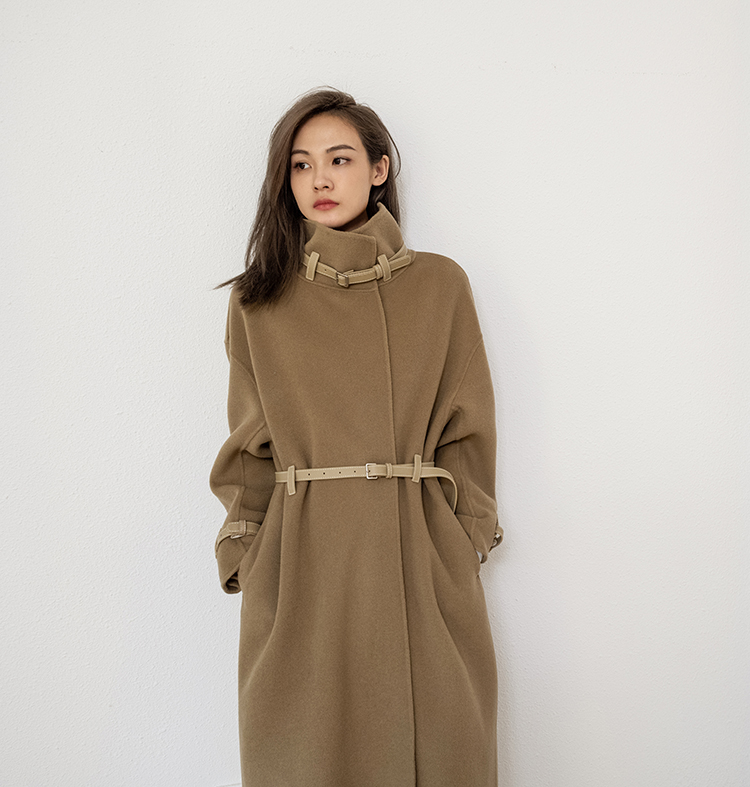 2021 Autumn and Winter New Reversible Cashmere Coat Women's Bearing Leather Patchwork Mid-Length Lazy Noble Woolen Coat for Women