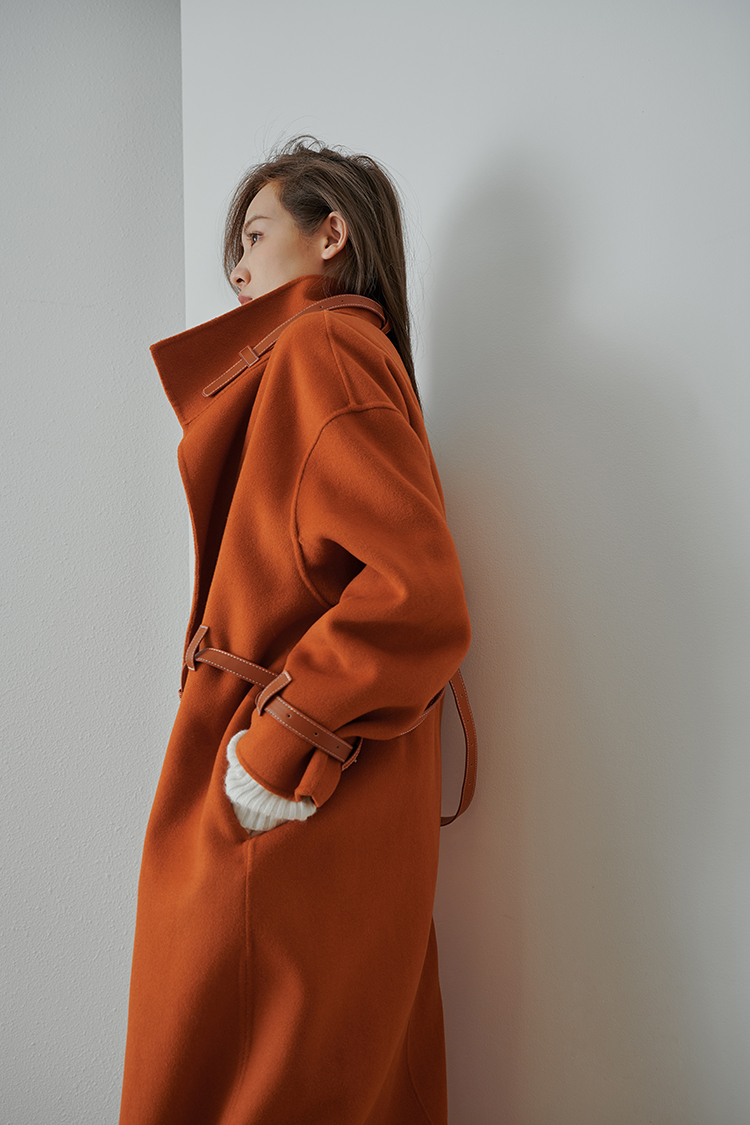 2021 Autumn and Winter New Reversible Cashmere Coat Women's Bearing Leather Patchwork Mid-Length Lazy Noble Woolen Coat for Women