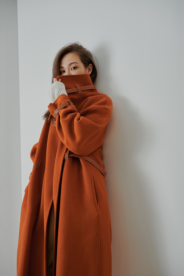 2021 Autumn and Winter New Reversible Cashmere Coat Women's Bearing Leather Patchwork Mid-Length Lazy Noble Woolen Coat for Women